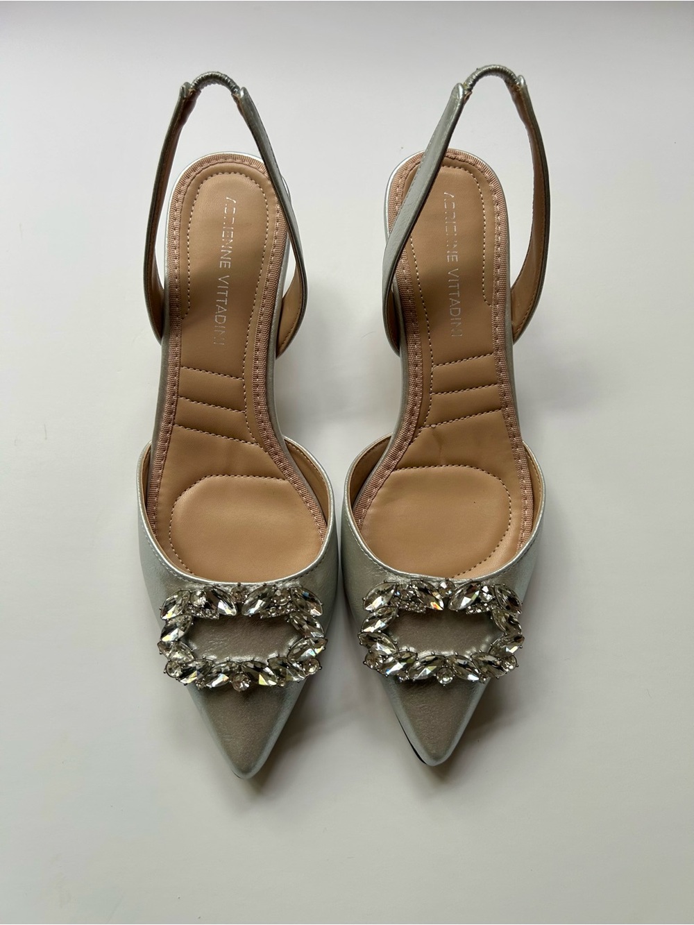 Adrienne Vittadini Silver Pointed Slingback Kitten Heels with Crystals